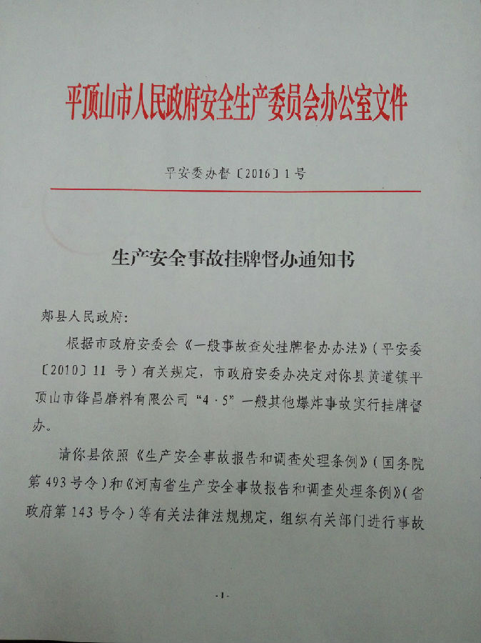 生产安全事故挂牌督办通知书 1